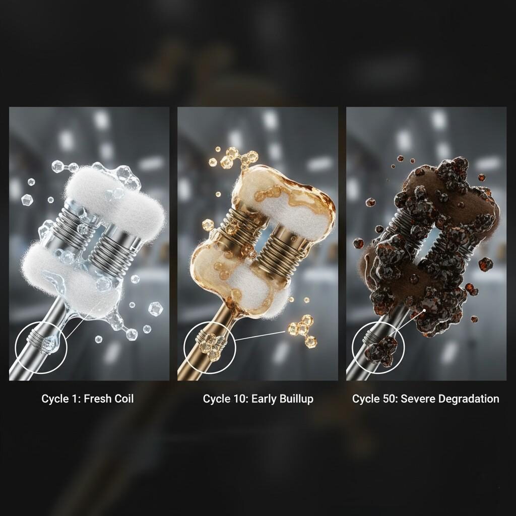 详细插图显示了重复的 vape 线圈加热循环对高 VG 电子液体的影响，特别展示了甜味剂的热降解以及随着时间的推移所产生的残留物堆积