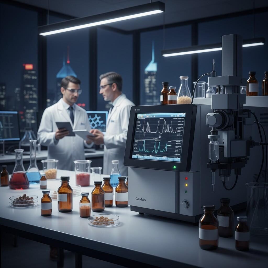 专业实验室图像描绘了复杂水果和甜点芳香剂的气相色谱-质谱 (GC-MS) 分析。尼古丁盐烟油研发精准配方和质量控制必备，以干净、科学、企业化的风格呈现