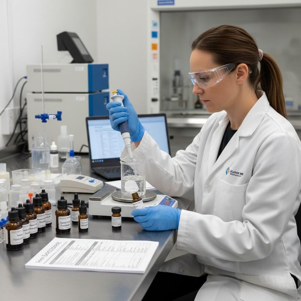 Image professionnelle et de haute qualité d'un scientifique des arômes dans un environnement de laboratoire contrôlé, pipetant méticuleusement un concentré d'arômes pour créer une base d'e-liquide. Met en avant les meilleures pratiques en matière de contrôle qualité et de processus de formulation précis