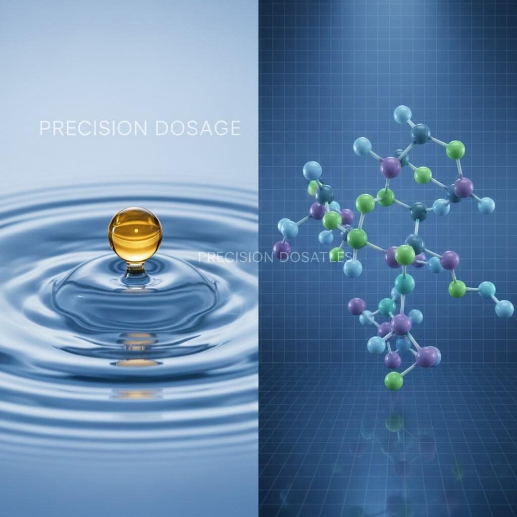 A high-resolution, split-screen image conceptually illustrates "PRECISION DOSAGE." On the left, a macro shot captures a golden e-liquid drop creating ripples, while the right displays a 3D molecular structure diagram of flavor volatiles, all within a sterile, blue-toned laboratory setting.