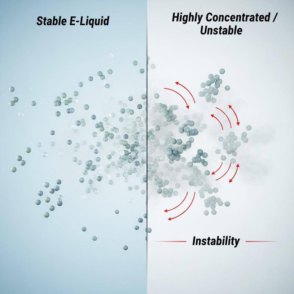 This conceptual illustration contrasts molecular order and chaos in e-liquids. On the left, stable, dispersed molecules represent a standard solution. On the right, densely packed molecules show electrostatic repulsion and aggregation, emphasizing the instability of highly concentrated e-liquid formulations.