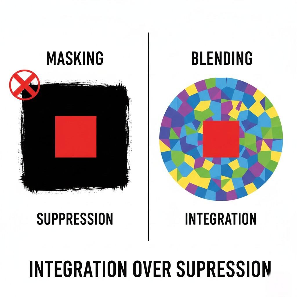 This conceptual diagram illustrates the difference between "Masking" and "Blending." "Masking" shows a red square crudely suppressed by a black square, while "Blending" demonstrates the red square perfectly integrated into a colorful mosaic, emphasizing "Integration over Suppression" in product development.