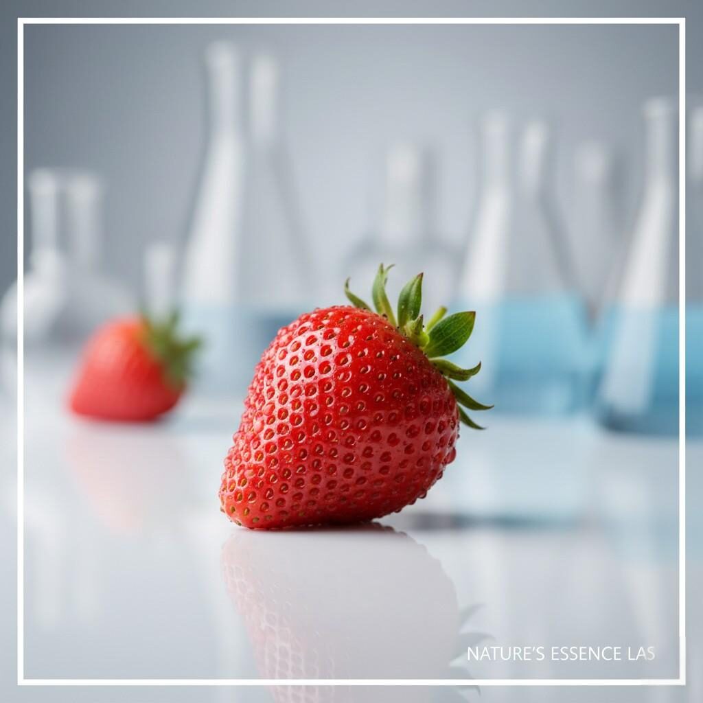A photographic close-up of a single, perfect, dew-covered strawberry, isolated on a clean, reflective white surface to symbolize purity. Vague, blurred laboratory glassware in the background suggests that science is focused on serving and perfecting nature's ingredients