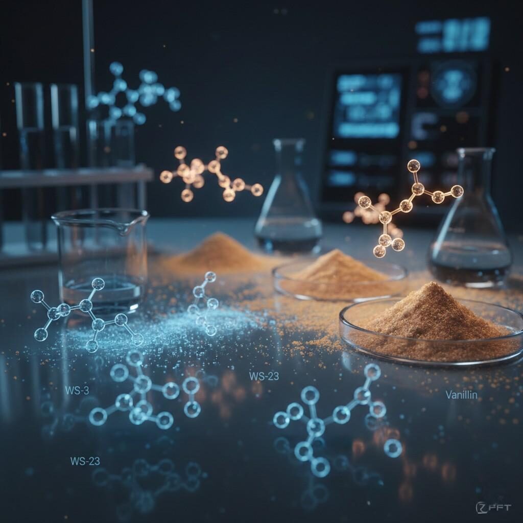 High-resolution macro visualization of WS-23, WS-3, and menthol crystals alongside sweet aromatic molecules, represented as glowing molecular structures under blue and amber laboratory lighting, illustrating cold–sweet synergy in advanced e-liquid flavor formulation.
