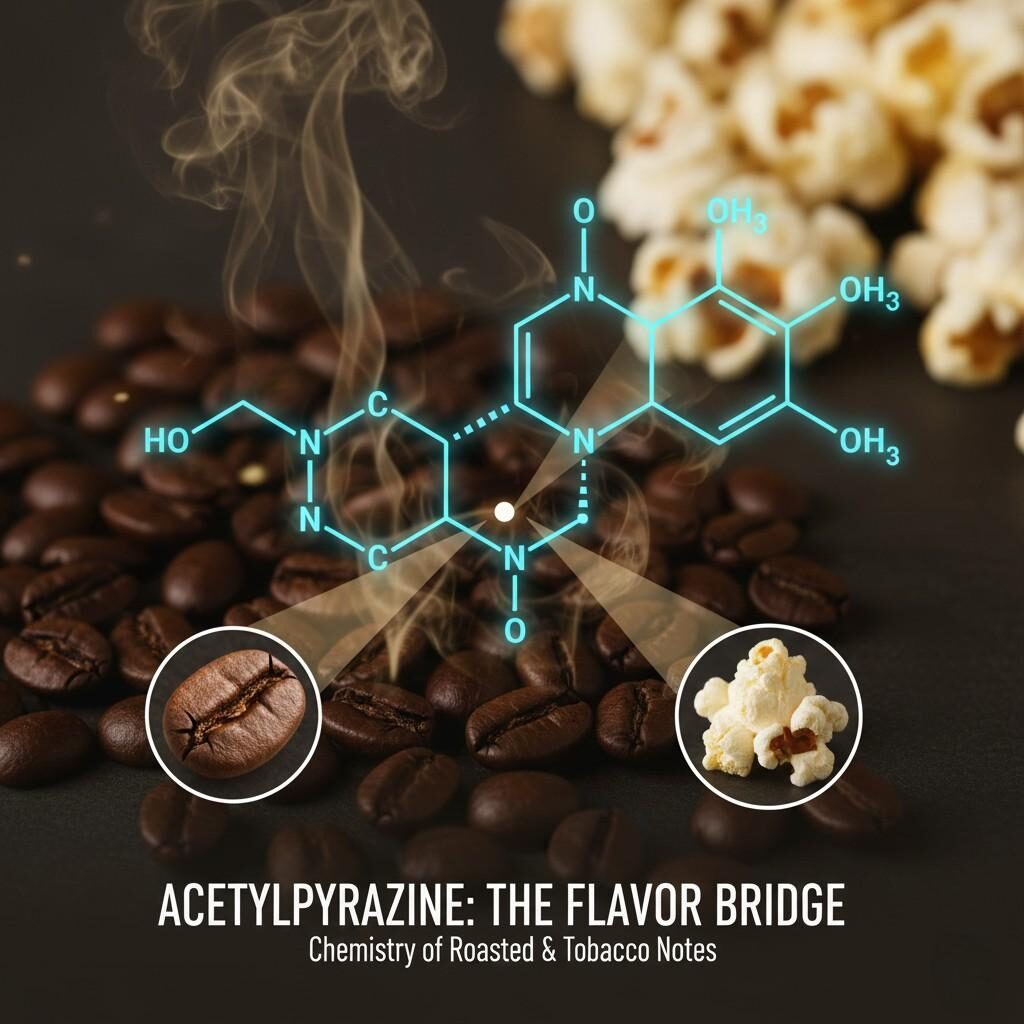 Explore the role of Acetylpyrazine, a key flavor compound, through this stylized graphic. See how its molecular structure connects the aromas of roasted coffee, popcorn, and rich tobacco notes