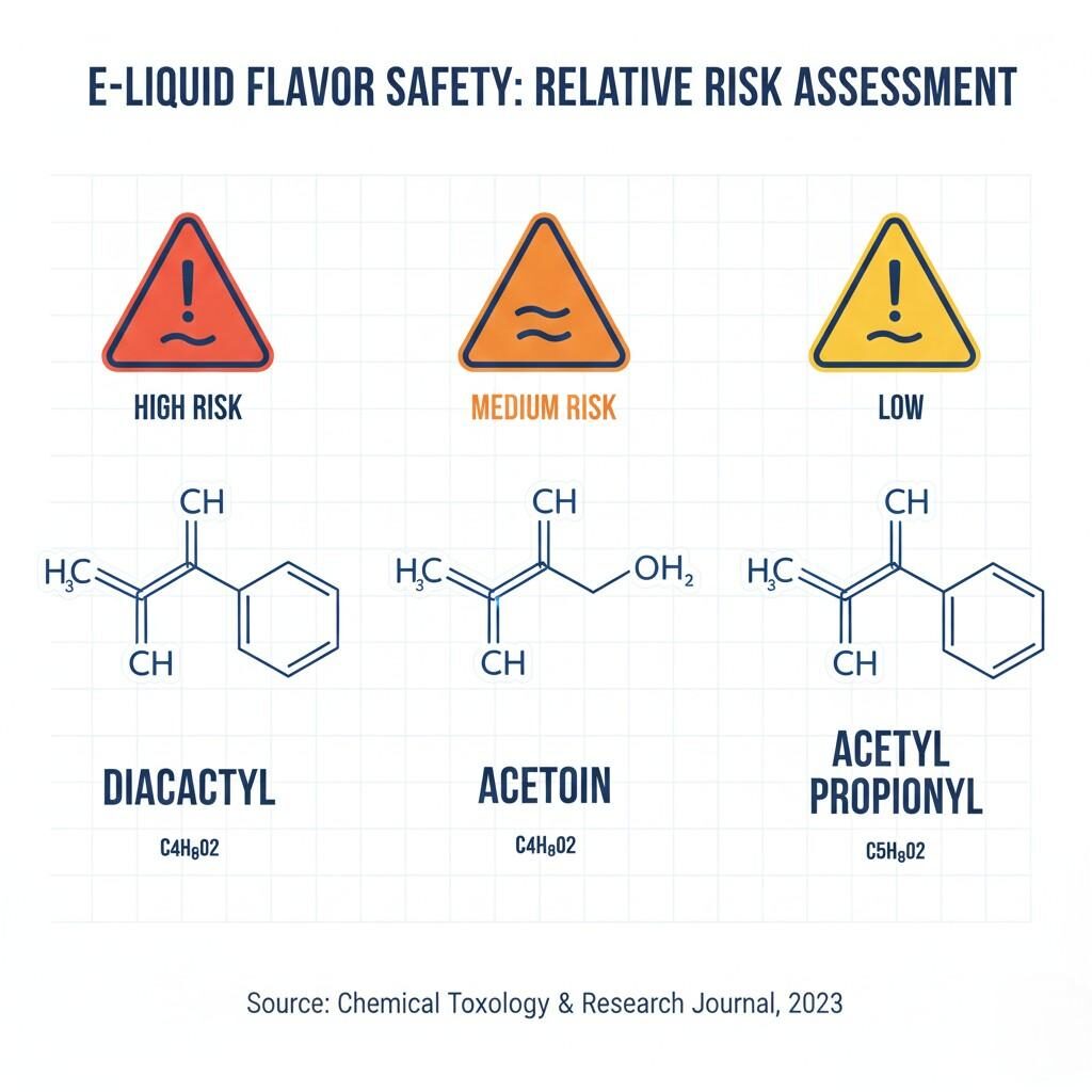Detailed schematic illustrating the molecular structures of diacetyl, acetoin, and acetyl propionyl. Includes caution symbols and risk highlighting to visually convey the relative hazards of these compounds in the context of e-liquid flavor safety and regulation