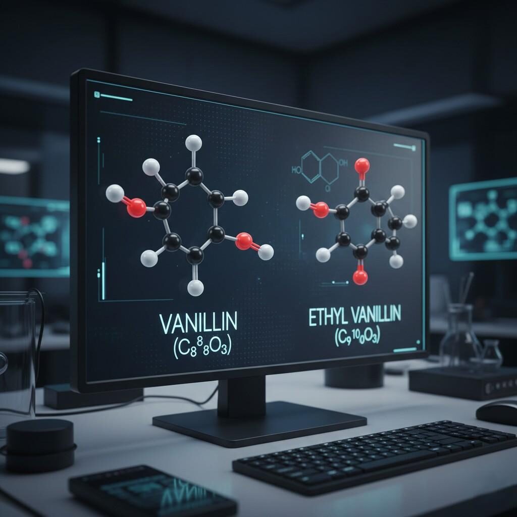 A clean, scientific, and visually striking image featuring side-by-side 3D molecular models of vanillin and ethyl vanillin displayed on a digital screen. The image clearly highlights the difference in their chemical structures, making it ideal for content on food science, chemistry education, and flavor analysis