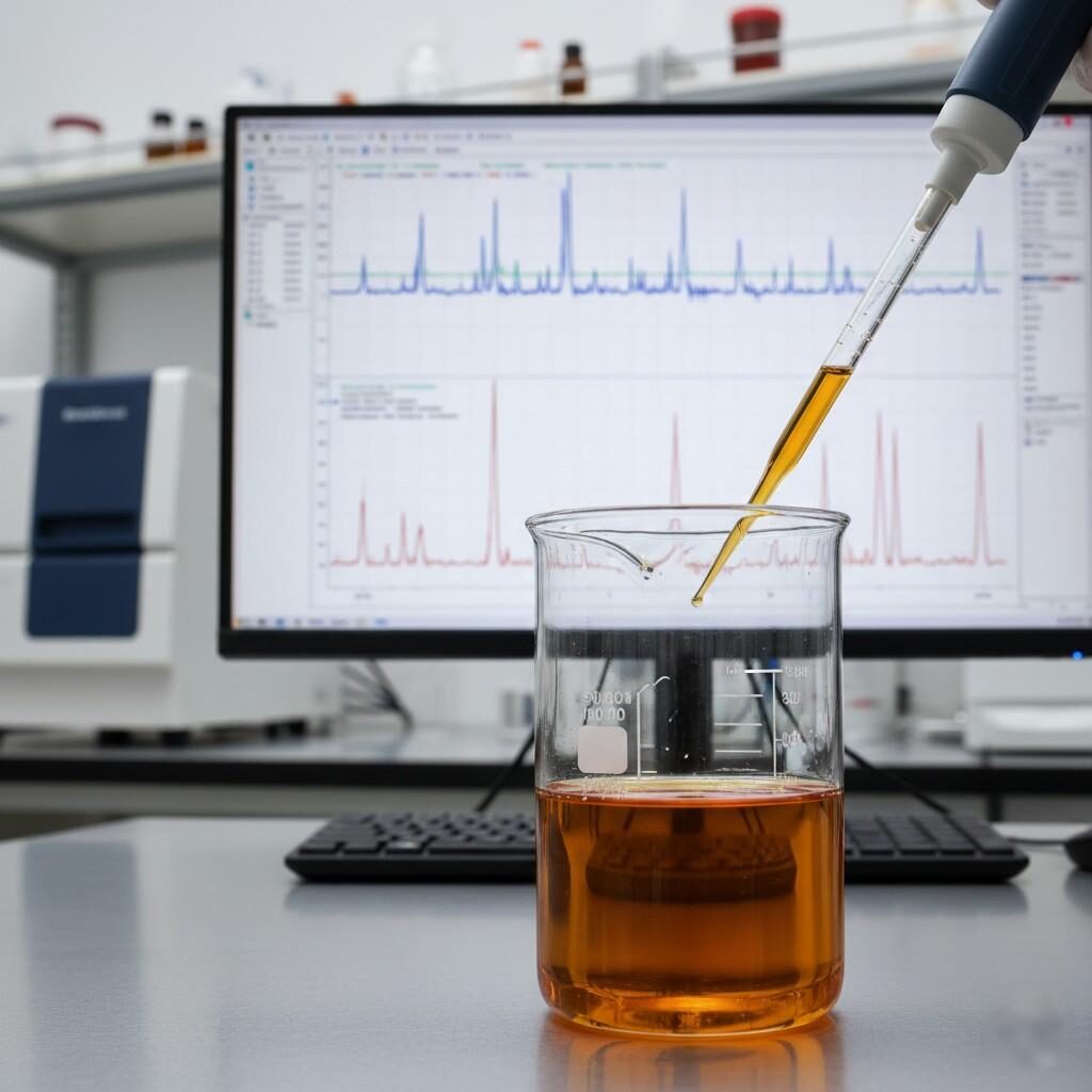 Close-up shot of a technical food science laboratory showing a glass beaker with a viscous amber flavor concentrate in the foreground. A computer screen displays a complex gas chromatography (GC) chromatogram, illustrating the chemical analysis of the flavor's volatile compounds