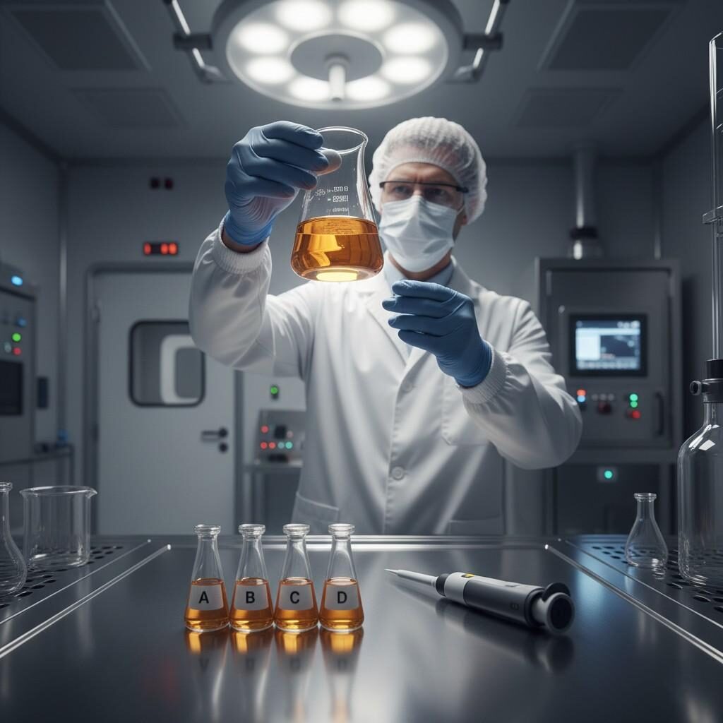 A scientist in a white lab coat and blue gloves inspects a beaker of amber liquid in a professional clean-room environment. Numbered test vials and an electronic pipette on a stainless steel table in the foreground emphasize precision and controlled experimentation.