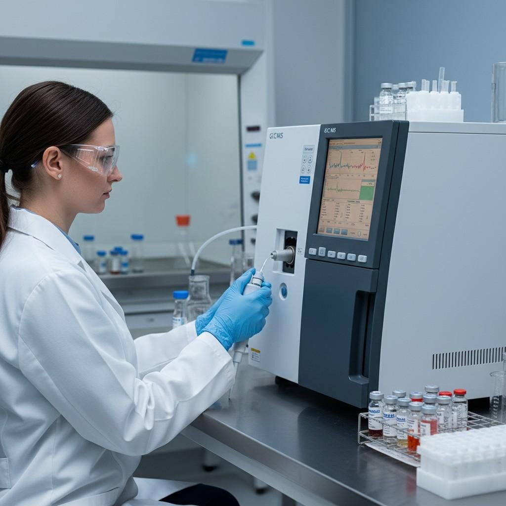 Professional laboratory image depicting a technician operating a Gas Chromatograph (GC) instrument to analyze e-liquid samples. This represents rigorous quality control and essential safety testing for flavor chemicals in e-cigarette products