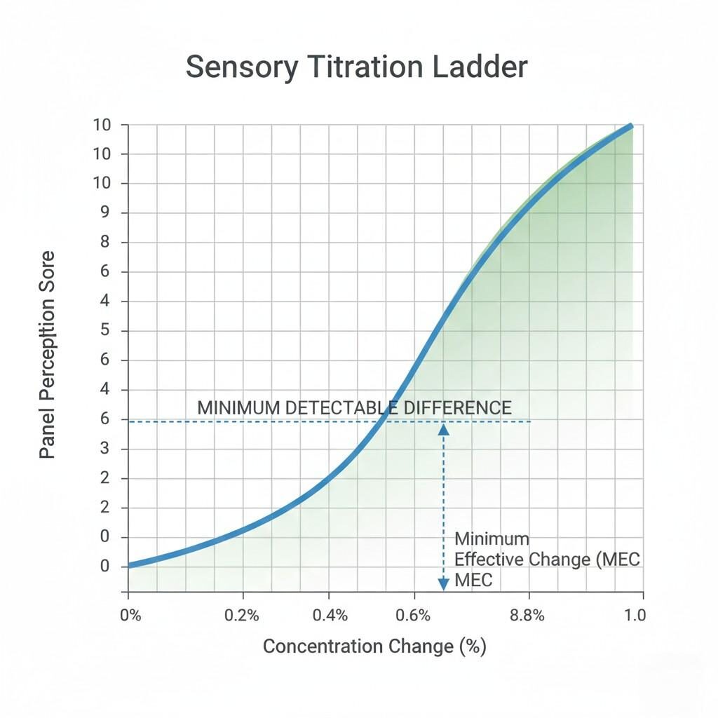A technical laboratory chart illustrates a "Sensory Titration Ladder," plotting "Concentration Change (%)" against "Panel Perception Score." It precisely identifies the "Minimum Effective Change (MEC)" by showing the point where the perception score rises above the "Minimum Detectable Difference" line.
