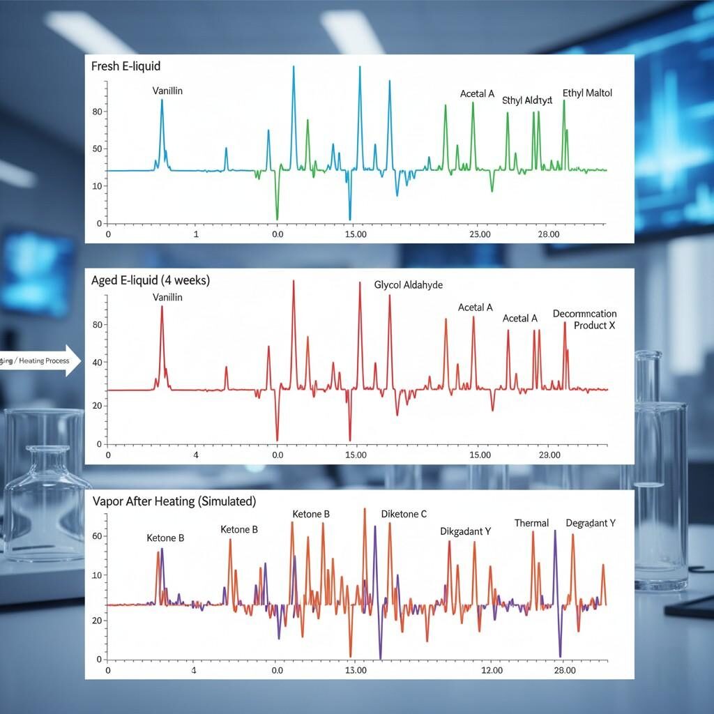 A high-tech graphical illustration comparing GC–MS chromatograms to visualize e-liquid chemical changes. Shows the breakdown of original flavor molecules in aged liquid and the appearance of thermal decomposition byproducts in heated vapor