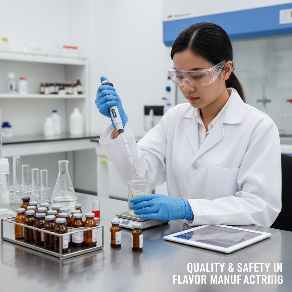 A professional image of a flavor chemist utilizing precision pipettes in a sterile laboratory environment to accurately create e-liquid flavor blends, underscoring a commitment to quality, safety, and meticulous flavor manufacturing standards