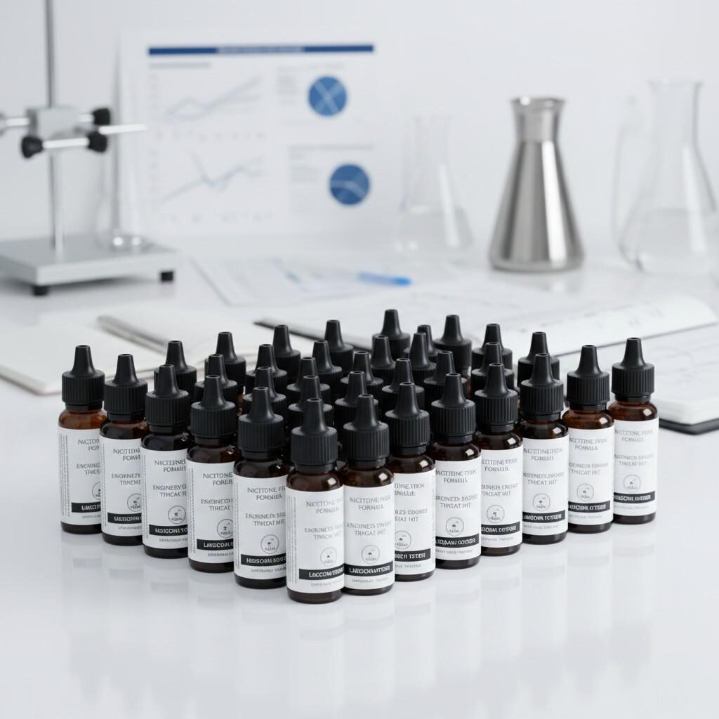 A high-quality, corporate product layout showcasing professionally labeled e-liquid bottles ("Nicotine-Free," "Engineered Throat Hit") on a glossy lab bench. The setting conveys scientific development, trust, and rigorous quality assurance for B2B e-cigarette liquid manufacturing