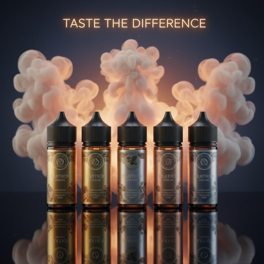 A high-end commercial shot features a lineup of distinct e-liquid bottles with premium foil labels on a reflective black surface. Soft, swirling vapor creates a mystical atmosphere, enhanced by warm, inviting lighting, all under the text overlay "TASTE THE DIFFERENCE," suggesting luxury and satisfaction.