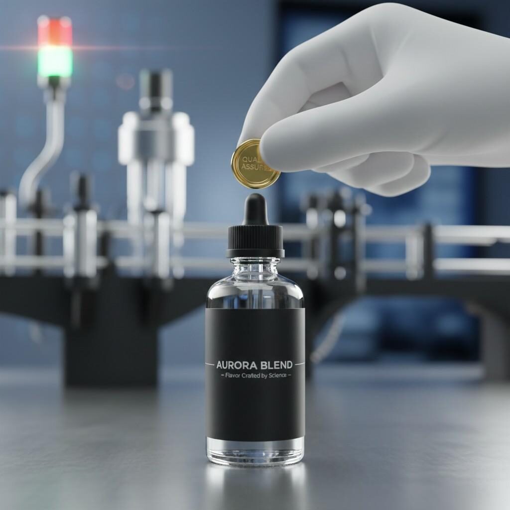 A pristine, commercially-ready e-liquid bottle stands on a stainless steel lab surface, with a professional hand placing a gold-foil seal over its cap. The blurred high-tech machinery in the background symbolizes the final quality assurance and guaranteed consistency of the product.