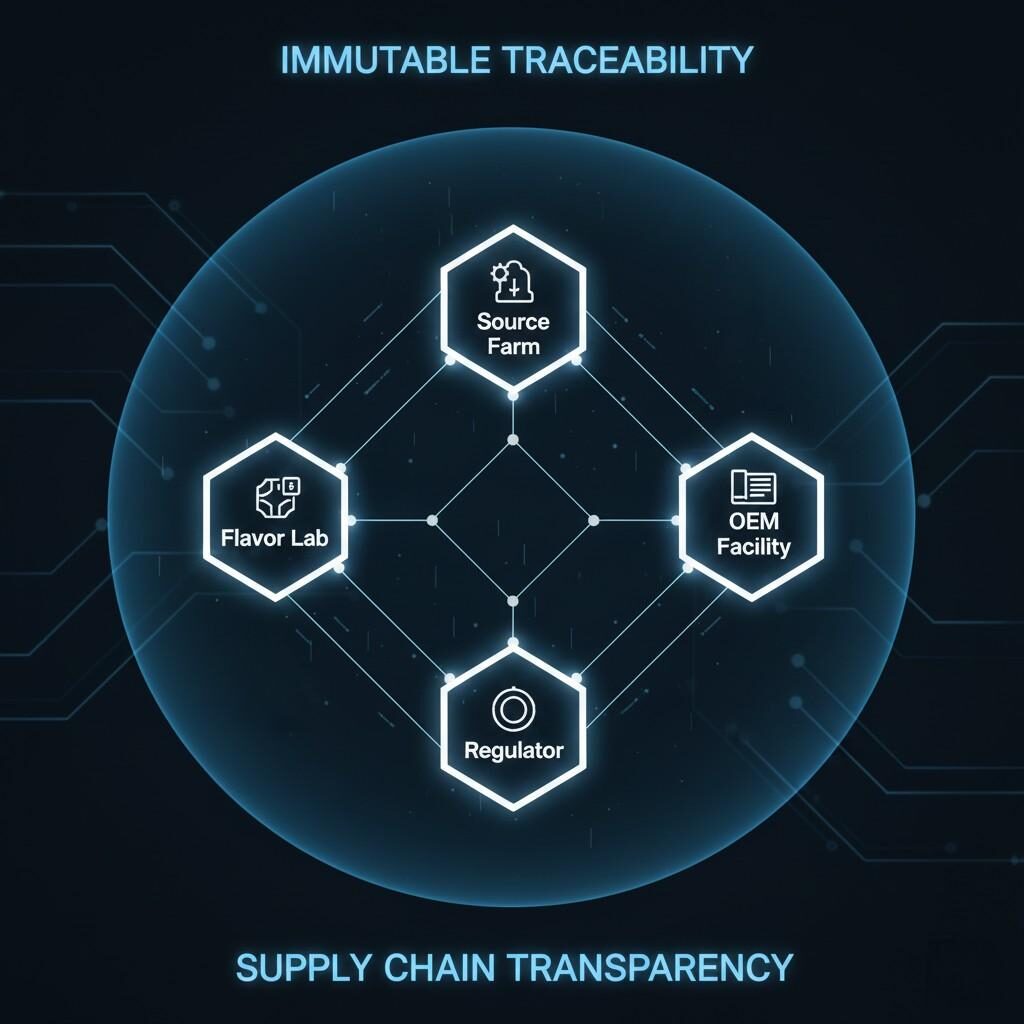 A conceptual illustration of a blockchain interface visualizes "Immutable Traceability" and "Supply Chain Transparency." Interconnected nodes labeled "Source Farm," "Flavor Lab," "OEM Facility," and "Regulator" represent a highly secure and clean digital ledger for modern product supply chains.