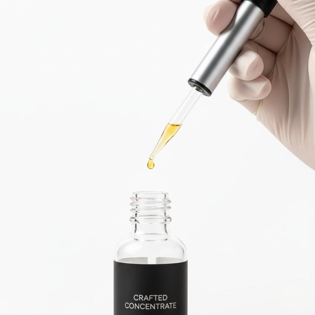 A clean, commercial image shows a hand expertly holding a precision pipette, dropping a single, perfect droplet of concentrate into a clear e-liquid bottle. The crisp white background emphasizes the surgical precision and control involved in e-liquid formulation.