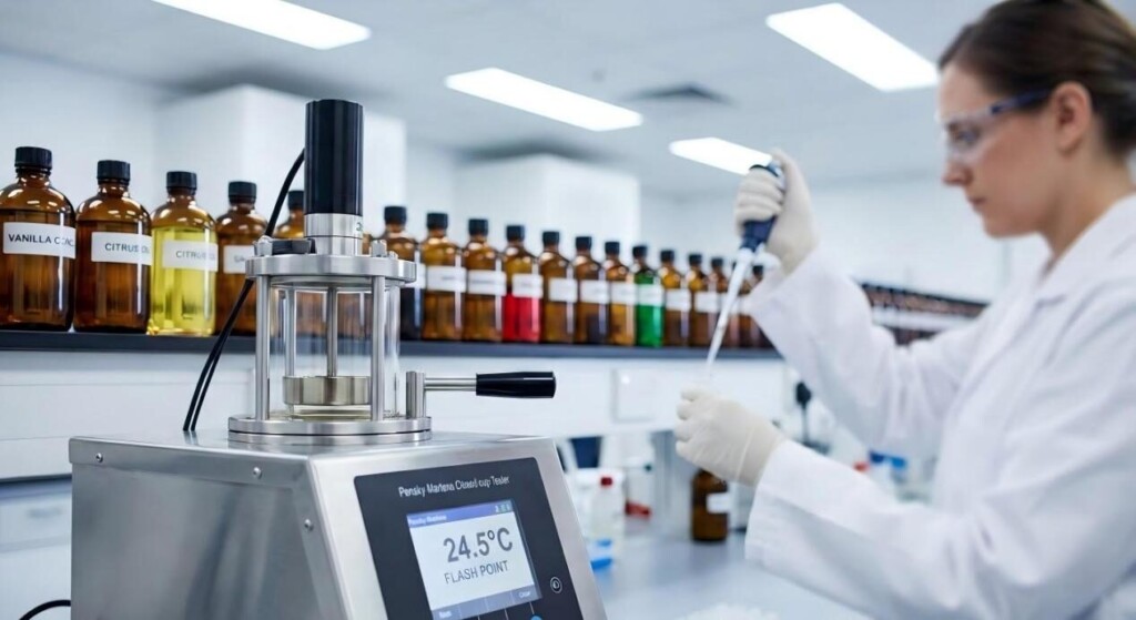 现代 Pensky-Martens 闭杯闪点测试仪在临床实验室环境中显示 24.5°C，背景是技术人员和风味浓缩物。