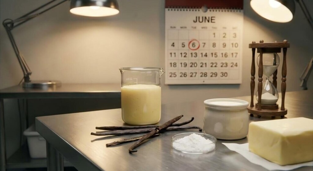 لقطة مقربة عالية الجودة لمختبر علوم الأغذية يضم كوبًا به سائل كريمي وحبوب الفانيليا والفانيلين البلوري والزبدة الطازجة، مما يسلط الضوء على تقاطع الكيمياء وفن الطهي.