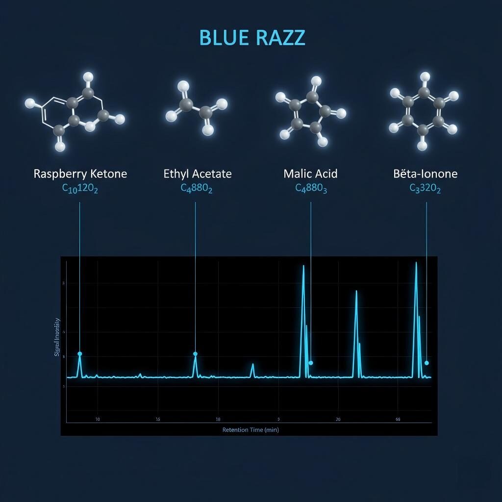 Una visualización técnica de los componentes moleculares del sabor a frambuesa azul. Presenta modelos 3D de cetona de frambuesa, acetato de etilo, ácido málico y beta-ionona a través de una lectura de espectrometría digital GC-MS.
