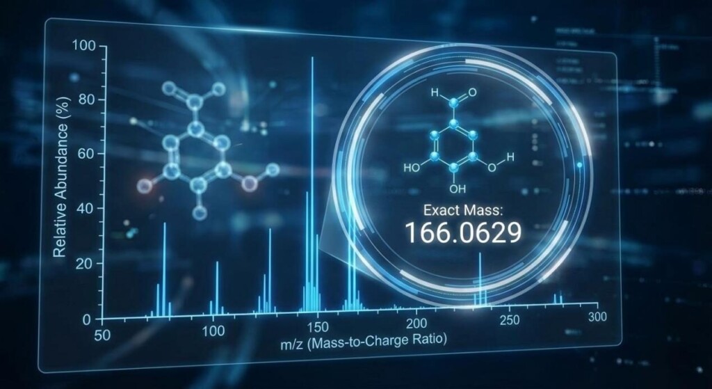 Una visualización digital de alta tecnología de un espectro de masas que muestra picos de abundancia relativa, relaciones m/z y la estructura química identificada con una lectura de masa exacta y precisa.