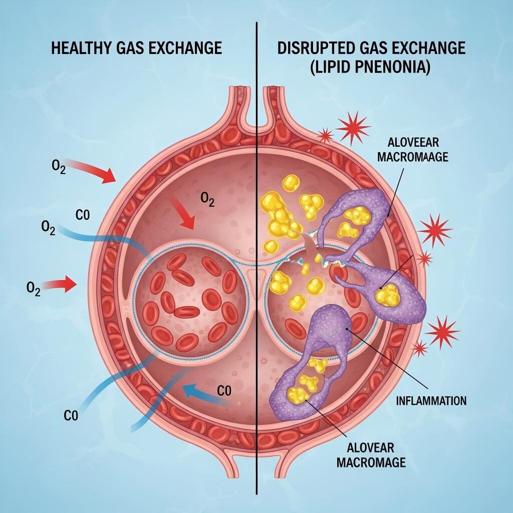 Una infografía científica detallada que compara el intercambio saludable de gases en los alvéolos pulmonares con los efectos disruptivos de las gotas de aceite MCT, incluida la interferencia de los surfactantes y la respuesta de los macrófagos.