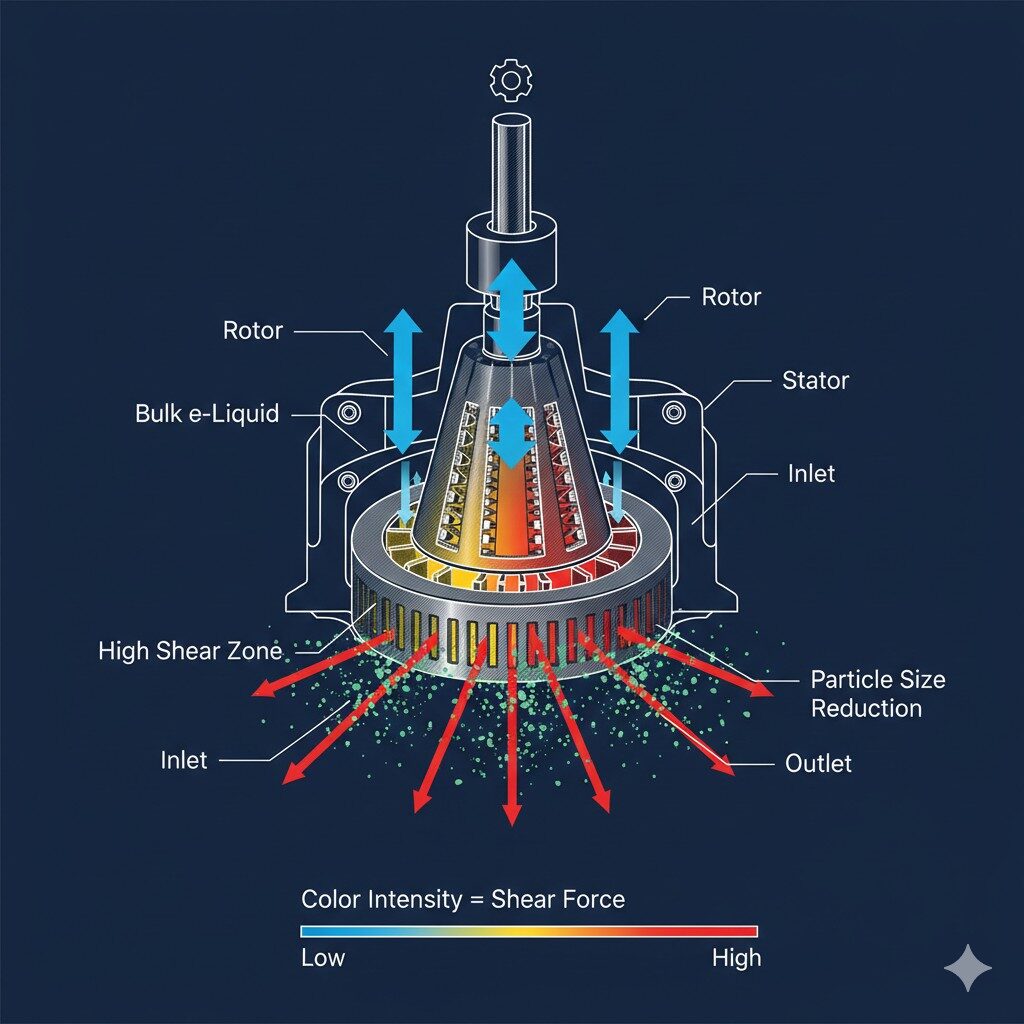 Una ilustración técnica detallada que muestra la sección transversal de un cabezal de trabajo de rotor-estator, destacando las rutas de flujo de fluido y las zonas de corte de alta intensidad para el procesamiento de emulsión.