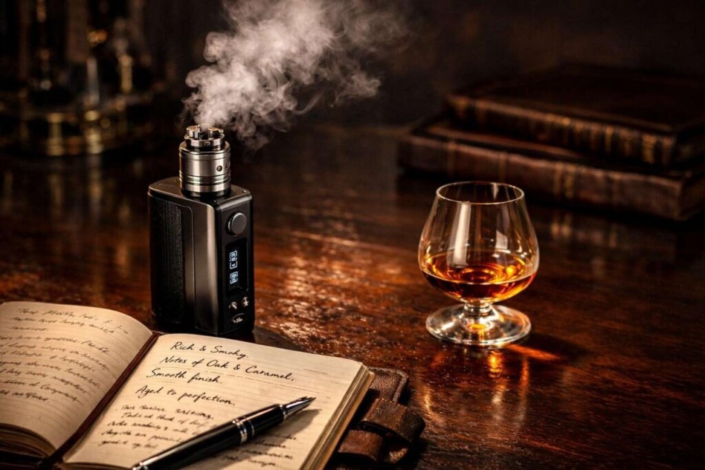 صورة فوتوغرافية لأسلوب حياة متطور تتميز بجهاز vape متطور مع RDA، وبخار متصاعد، ومجلة جلدية لملاحظات التذوق، وروح كهرمانية على مكتب خشبي مصقول، مما يثير أجواء مريحة وفكرية ومتميزة.