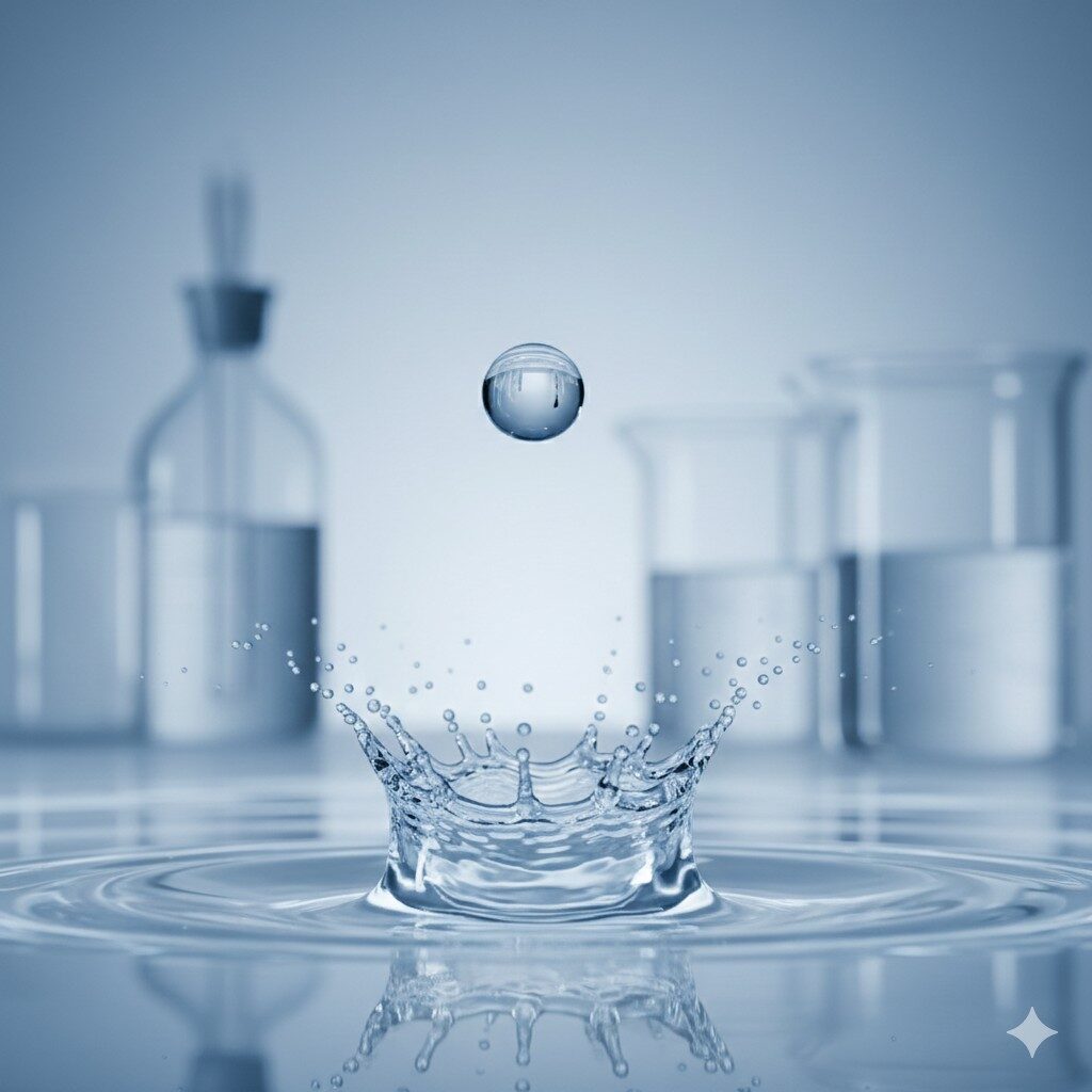 Una impresionante fotografía macro de alta velocidad de una sola gota de líquido que simboliza la precisión y uniformidad del proceso de nanoemulsificación en un laboratorio.