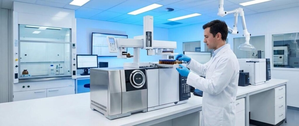 A professional scientist in a sterile, high-tech analytical chemistry laboratory uses a state-of-the-art GC-MS system to analyze liquid flavorings for quality control and research.