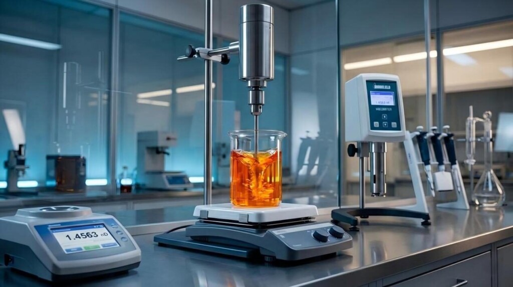 A high-resolution cinematic view of a stainless steel overhead stirrer mixing a translucent amber liquid in a professional laboratory, featuring advanced diagnostic equipment for precision manufacturing.