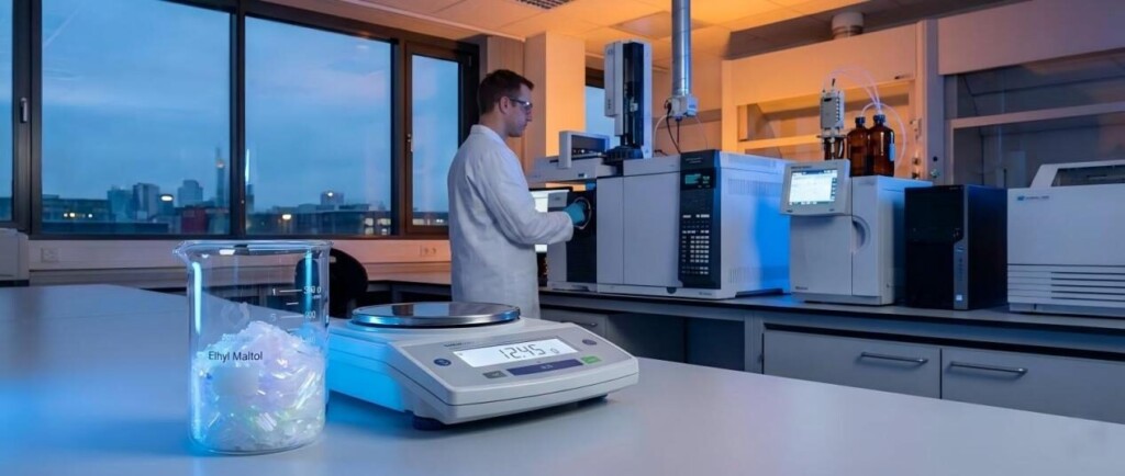 A cinematic wide shot of a modern chemical lab featuring shimmering Ethyl Maltol crystals in a beaker, with a scientist operating a GC-MS machine in the background.