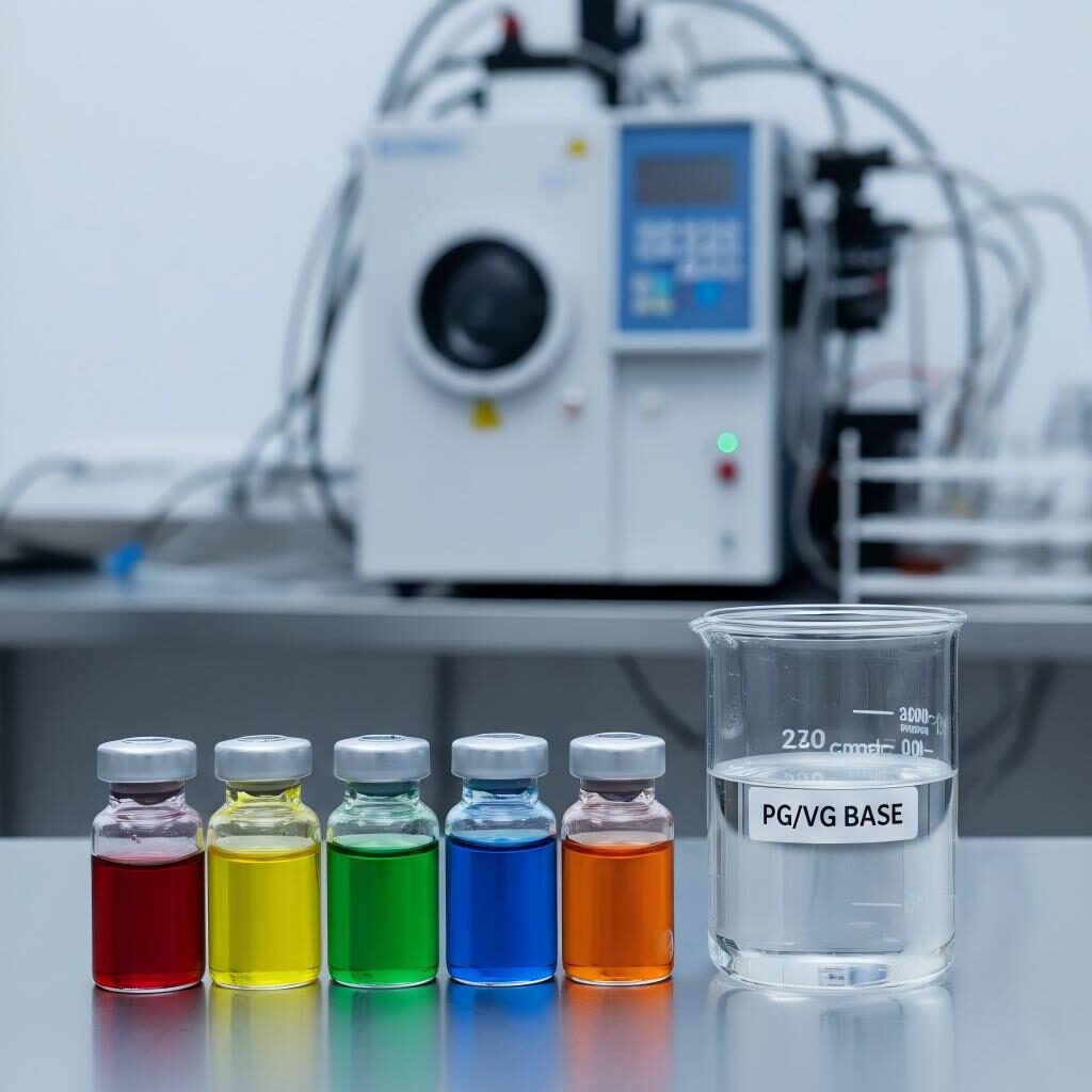 A professional laboratory setting showcasing e-liquid flavor concentrates and PG/VG base liquids next to advanced GC-MS analytical equipment for quality control.