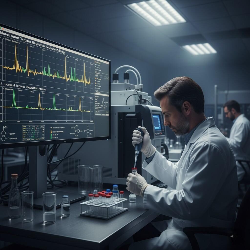 Focus on an analytical chemist preparing limonene samples next to a large monitor displaying a GC–MS chromatogram. The visual highlights the scientific precision in measuring and understanding terpene degradation pathways for product stability and quality