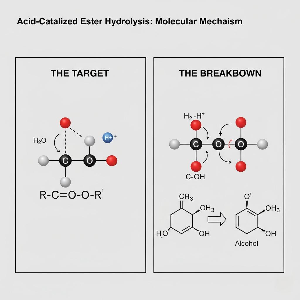 A detailed two-panel scientific diagram illustrating the step-by-step molecular mechanism of acid-catalyzed ester hydrolysis into carboxylic acid and alcohol.