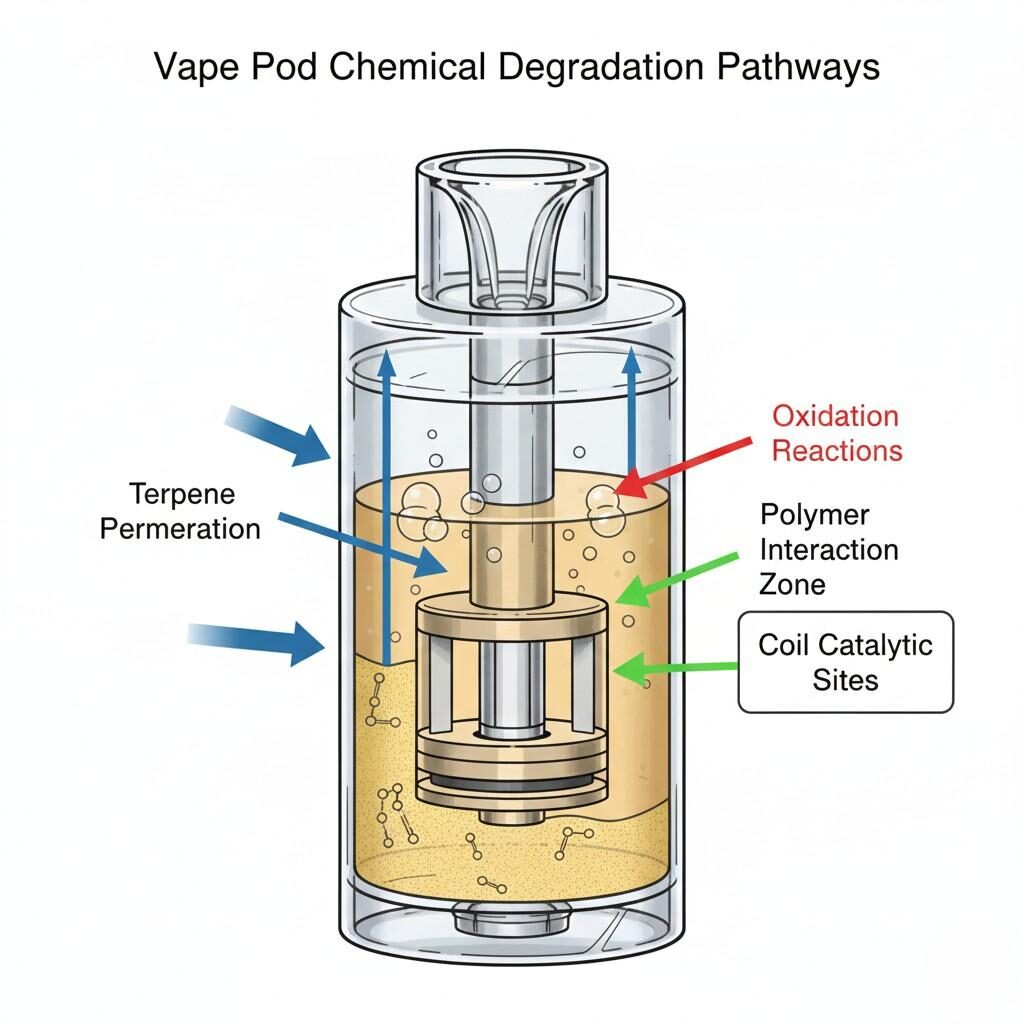 Detailed engineering illustration of a plastic vape pod cross-section, visually mapping critical chemical processes like terpene permeation, oxidation reactions, polymer interaction zones, and catalytic sites, highlighting advanced chemical engineering in vaping technology