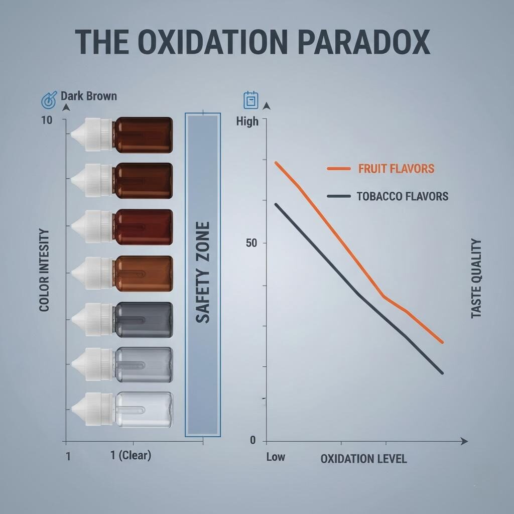 A technical infographic titled "The Oxidation Paradox" illustrating the relationship between e-liquid color intensity and taste quality across fruit and tobacco flavors, featuring a central safety zone.