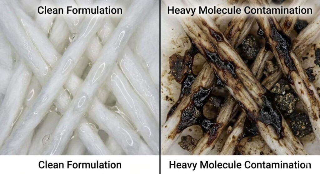 A split-screen microscopic comparison showing clean vape cotton vs. fibers contaminated with dark, carbonized deposits from heavy molecule thermal degradation.