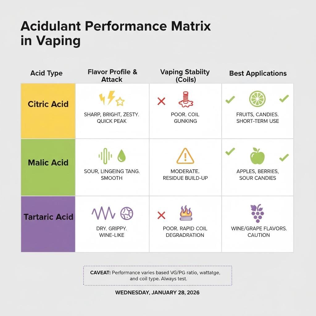 A technical infographic comparing Citric, Malic, and Tartaric acids for e-liquid formulation, highlighting flavor profiles, coil stability, and best flavor applications.