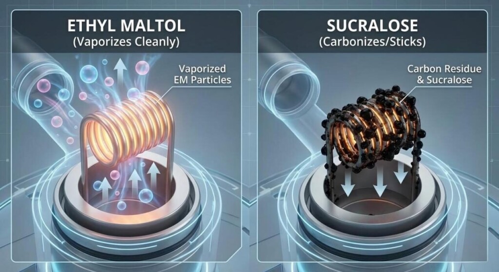A 3D infographic comparing the clean vaporization of Ethyl Maltol particles against the heavy carbon residue and sticking effect caused by Sucralose on heating coils.