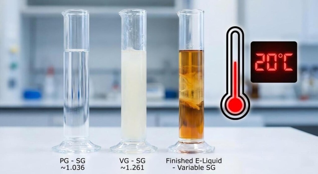 A conceptual laboratory visualization comparing the specific gravity (SG) of PG and VG in graduated cylinders, illustrating the blending process into a finished amber e-liquid with temperature considerations.