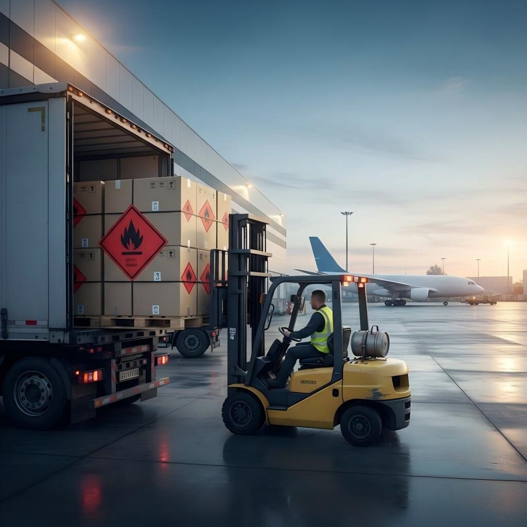 A busy logistics hub at dusk showing a forklift loading pallets of Class 3 flammable liquids onto a truck, with a cargo plane in the background highlighting global hazmat transport safety.