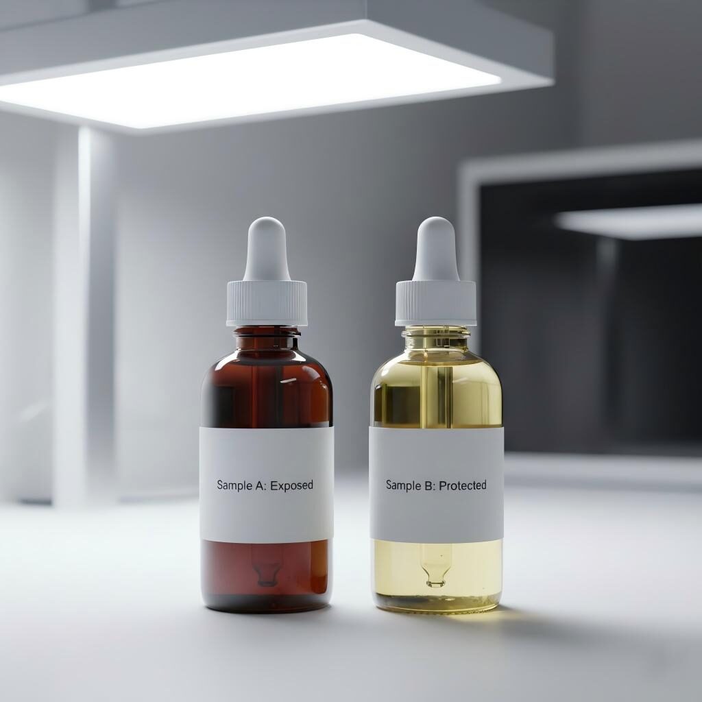 A side-by-side laboratory comparison showing the effects of storage conditions on e-liquid. Sample A (exposed to light) shows significant darkening and oxidation, while Sample B (protected in amber glass) remains clear and stable.