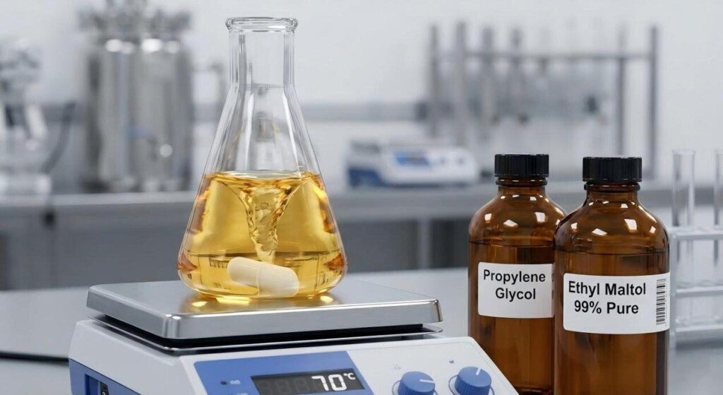 A macro photograph of a laboratory magnetic stirrer dissolving 99% pure Ethyl Maltol into Propylene Glycol at 70掳C to create a clear golden flavor concentrate.