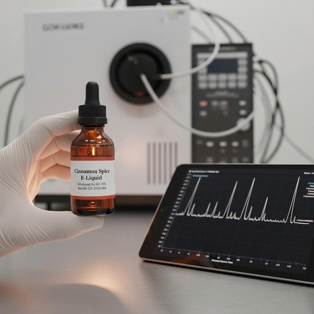 Professional laboratory setting featuring GC-MS analysis of e-liquid, showing a technician inspecting a bottle alongside a chemical chromatogram for purity and safety.