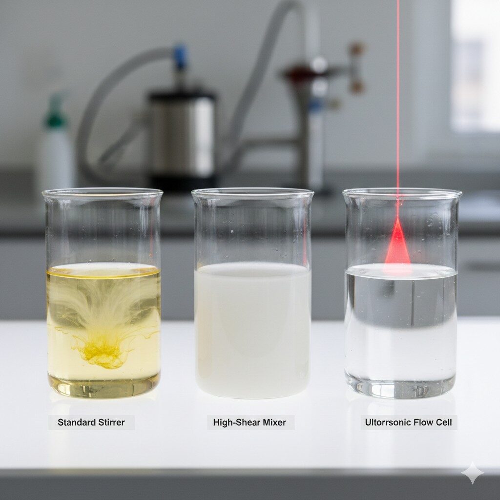A visual comparison of e-liquid clarity across three mixing stages: standard stirring, high-shear homogenization, and ultrasonic processing featuring the Tyndall Effect.