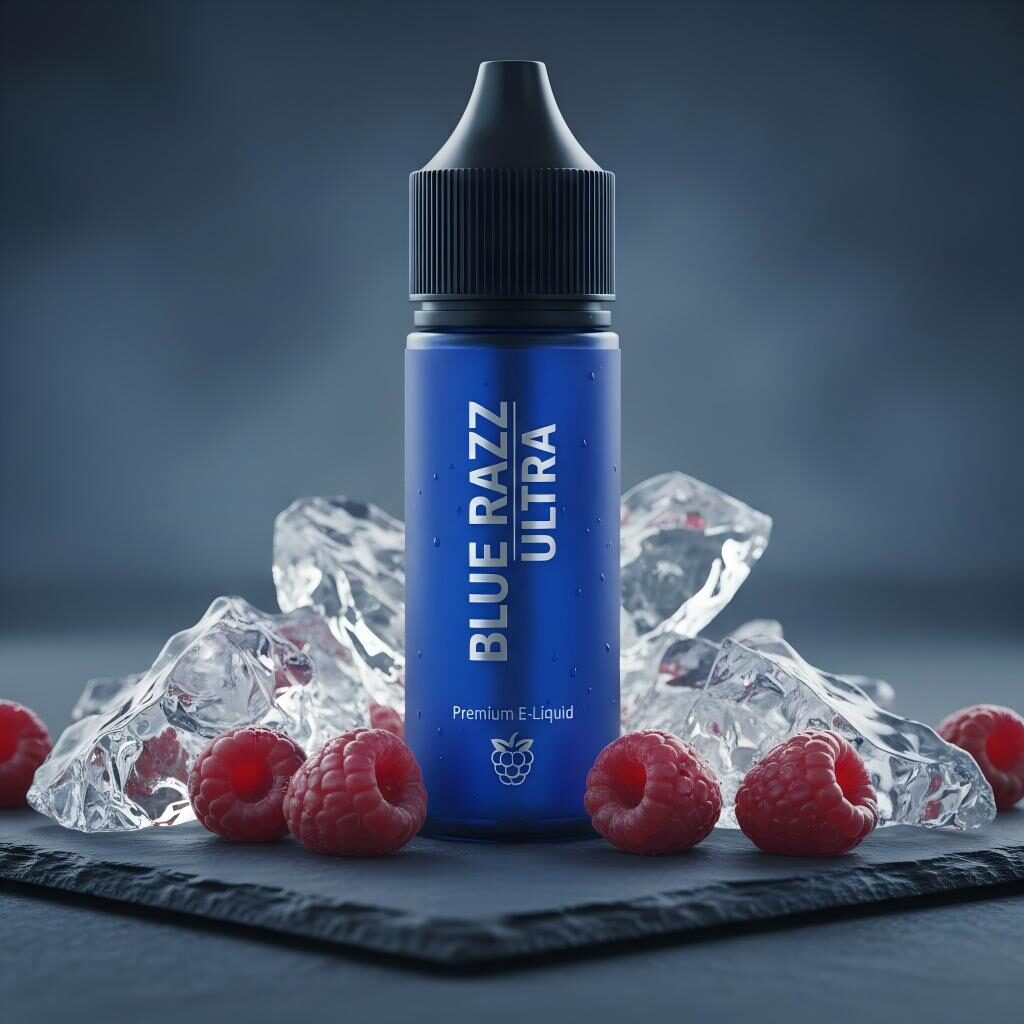 A sleek, high-end lifestyle photograph of "Blue Razz Ultra" e-liquid in a frosted blue glass bottle. Featuring cold, moody lighting, fresh fruit accents, and a professional slate presentation.