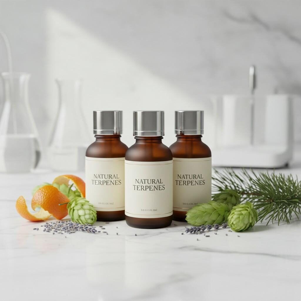 A premium product photograph showcasing elegant e-liquid bottles surrounded by natural botanical materials (lavender, citrus peel, hops, pine needles) in a minimalist composition, emphasizing sophisticated flavor profiles and natural inspiration
