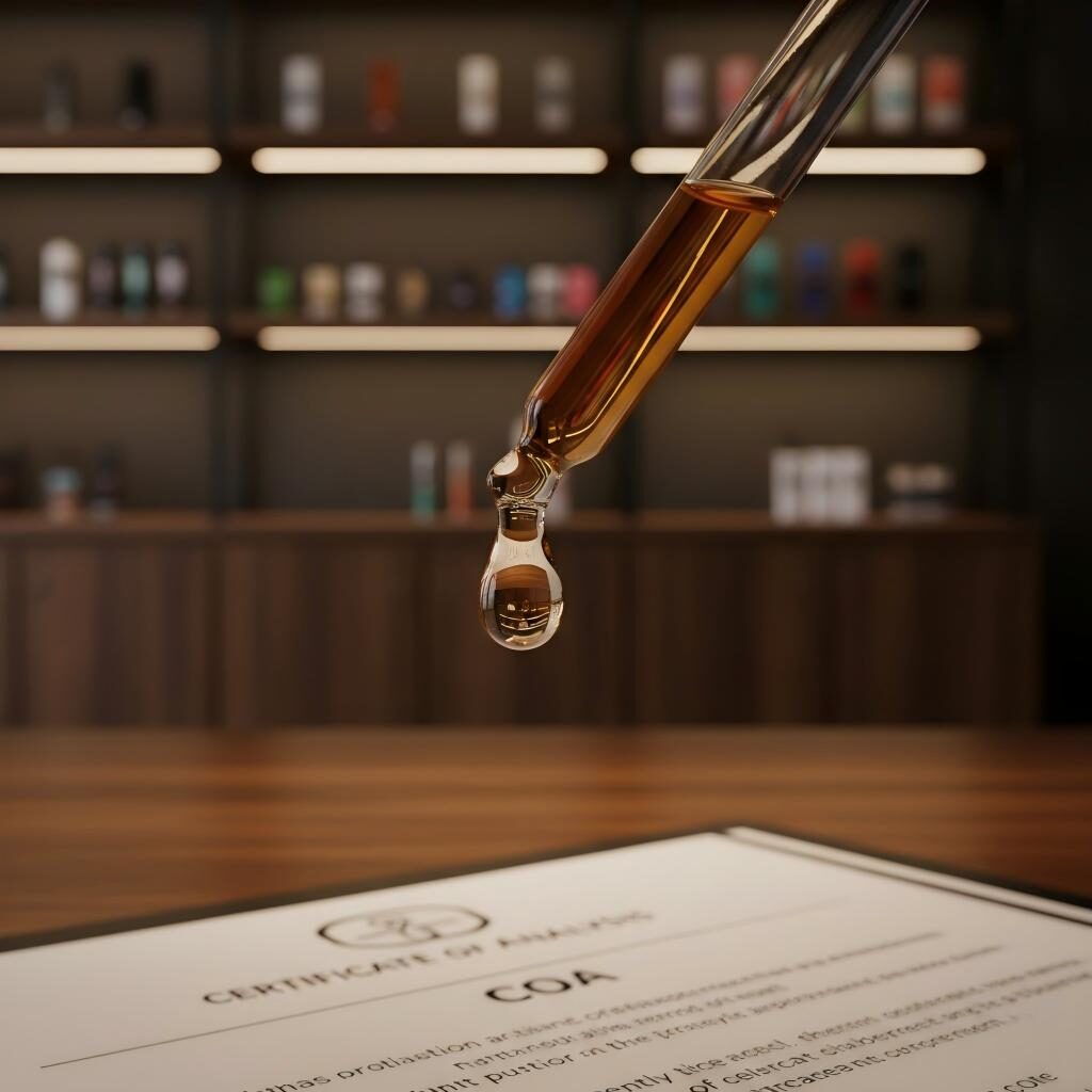 A high-end macro shot of a rich amber e-liquid droplet, symbolizing artisanal craftsmanship and aged quality. The visible Certificate of Analysis (COA) highlights the scientific rigor behind the premium steeped flavor profile.